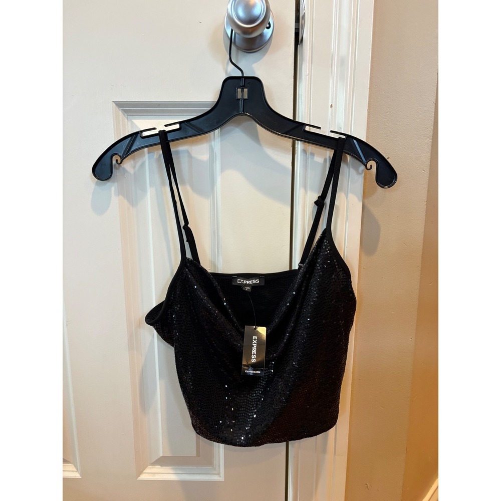 New Express Black Sequin‎ Cowl Neck Cropped Camisole Top NWT Small 06418563 $44